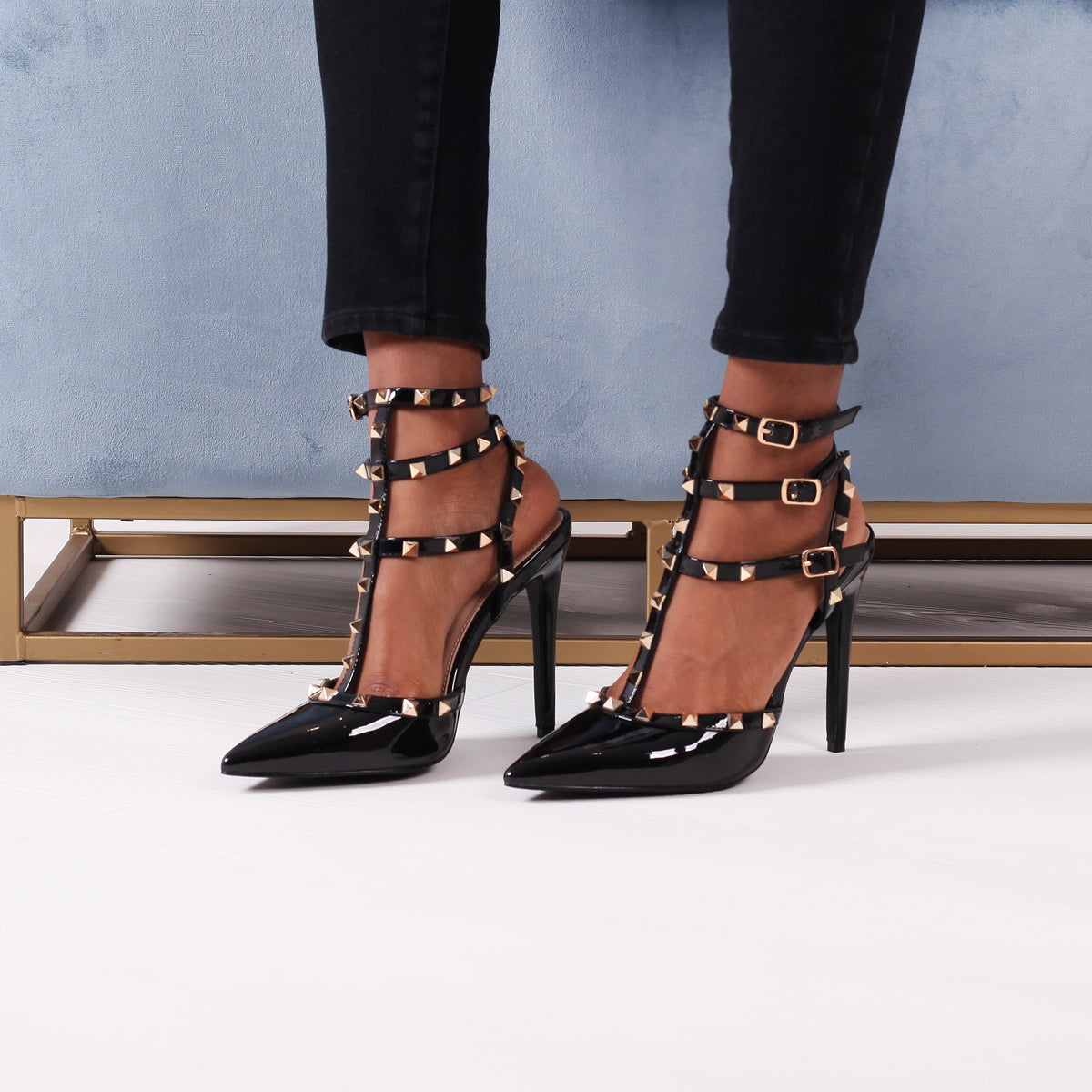 Black Patent Gladiator Style Studded Court Heel – Linzi